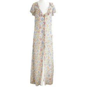 L'ACADEMIE WHITE BLUE ORANGE FLORAL BUTTON FRONT FLUTTER MAXI BOHEMIAN DRESS - S